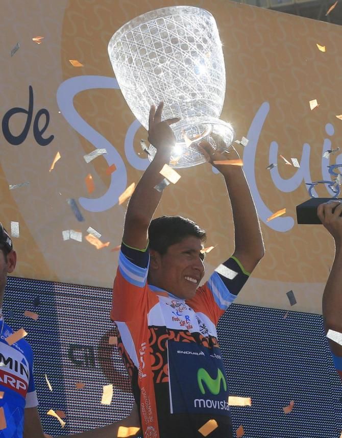 Nairo Quintana lifts the huge crystal trophy after winning the Tour de San Luis