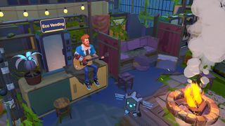 I Am Future: Cozy Apocalypse Survival player character strums guitar to a robot friend
