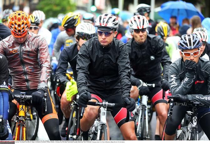 Riders are looking very cold on the start line of stage 3
