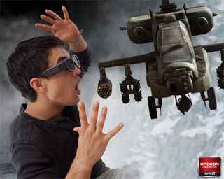 This image represents a man wearing 3D glasses who is being attacked by an Apache helicopter