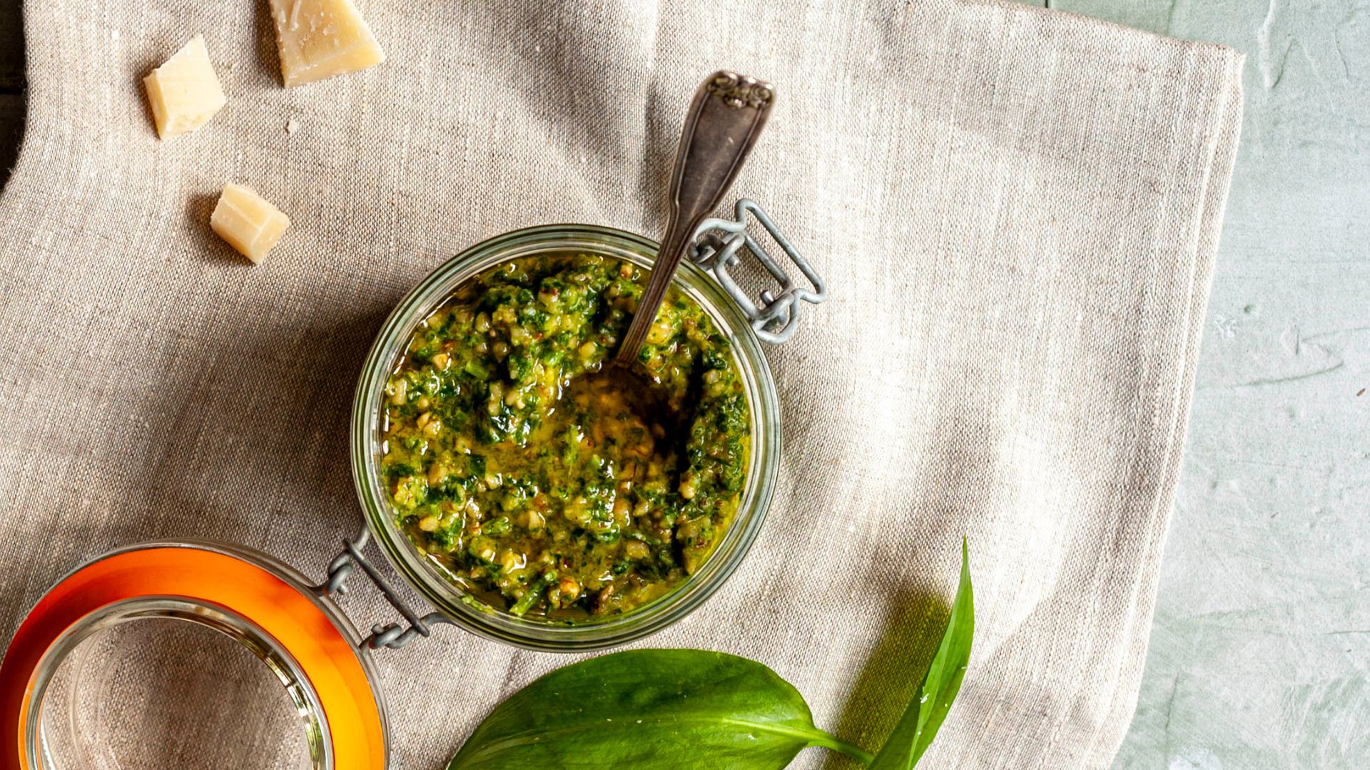glass pot of pesto