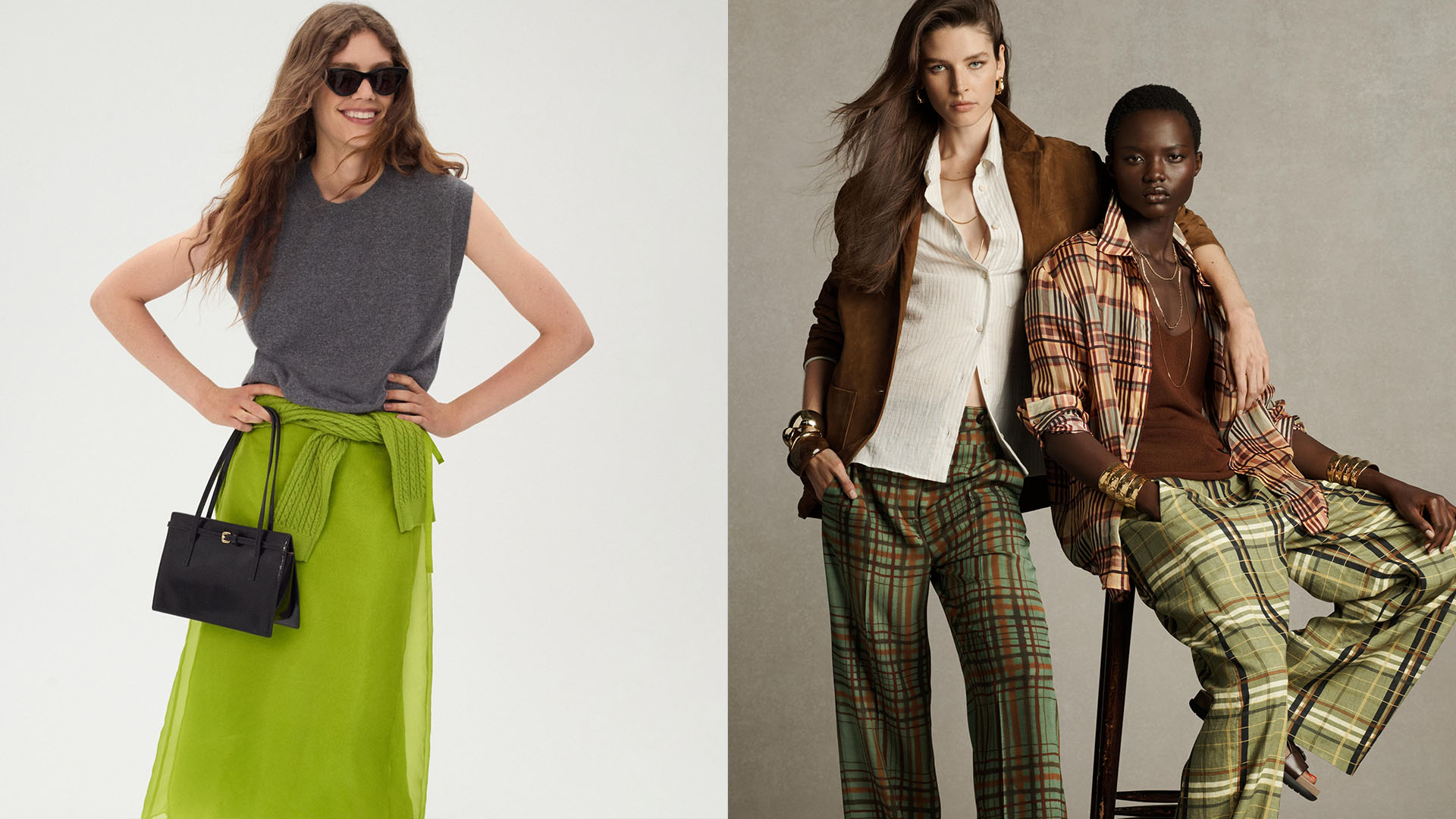 Woman in gray knit top and green skirt; women in plaid pants