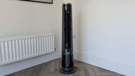 The Dreo Smart Misting Fan 765S in the corner of a room.