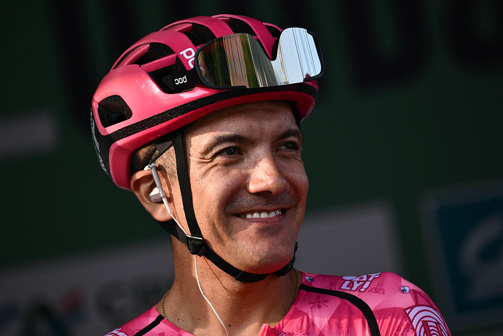 EF Education-EasyPost&rsquo;s Ecuadorian rider Richard Carapaz looks on ahead of the 119th edition of the Giro di Lombardia (Tour of Lombardy), a 238km cycling race from Como to Bergamo on October 11, 2025. (Photo by Marco BERTORELLO / AFP)