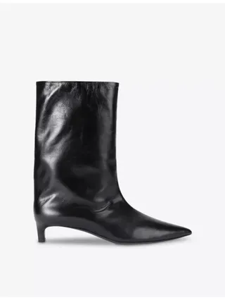 Pointed-Toe Kitten-Heel Leather Ankle Boots