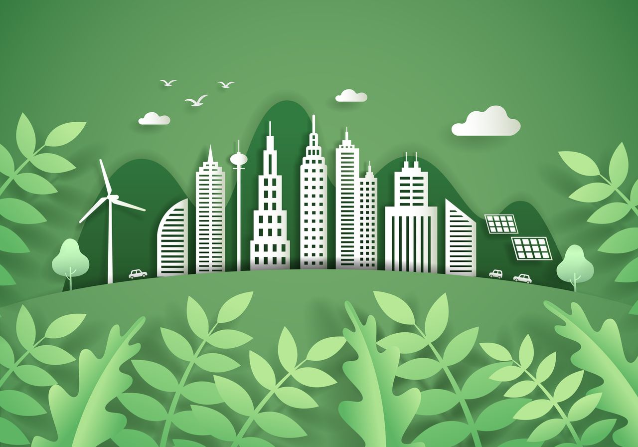 A cartoon images of greenery around a city skyline.