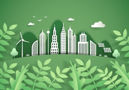 A cartoon images of greenery around a city skyline.