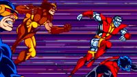 Cyclops, Wolverine, Nightcrawler, and Colossus leaping into action in the intro sequence of X-Men: The Arcade Game