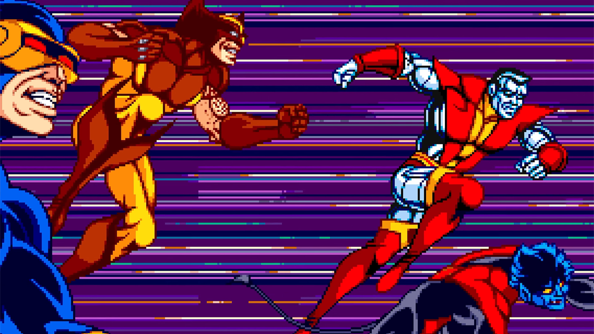 Cyclops, Wolverine, Nightcrawler, and Colossus leaping into action in the intro sequence of X-Men: The Arcade Game