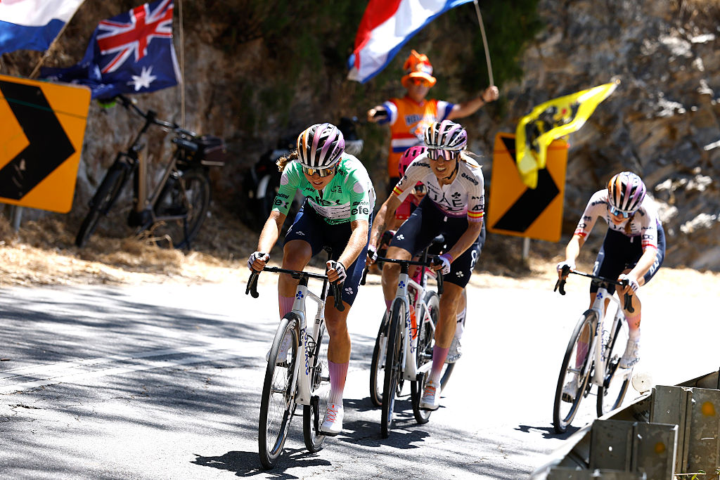 CAMPBELLTOWN, AUSTRALIA - JANUARY 19: Paula Blasi of Spain and UAE Team ADQ - Polka Dot Mountain Jersey leads the attack during the 10th Santos Women&amp;apos;s Tour Down Under 2026, Stage 3 a 126.5km stage from Norwood to Campbelltown / #UCIWWT / on January 19, 2026 in Campbelltown, Australia. (Photo by Con Chronis/Getty Images)