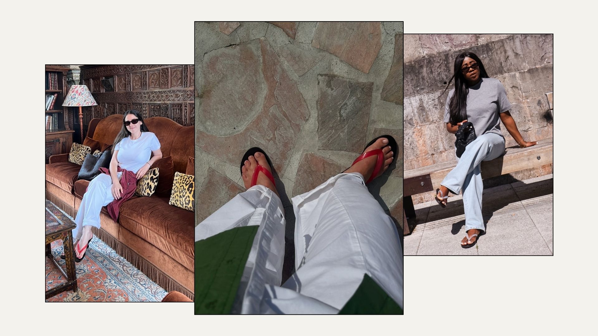 Woman wears white tee, white jeans and red sandals; woman wears white trousers and red flip-flops; woman wears grey t-shirt, blue jeans and clear sandals
