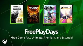 Xbox Free Play Days promotional graphic featuring Dying Light: Definitive Edition, Gears of War: Reloaded, High on Life 2, and Formula Legends on a green Xbox-themed background.