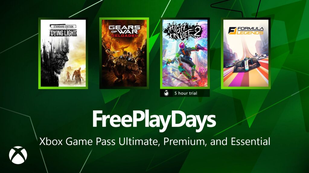 Xbox Free Play Days promotional graphic featuring Dying Light: Definitive Edition, Gears of War: Reloaded, High on Life 2, and Formula Legends on a green Xbox-themed background.