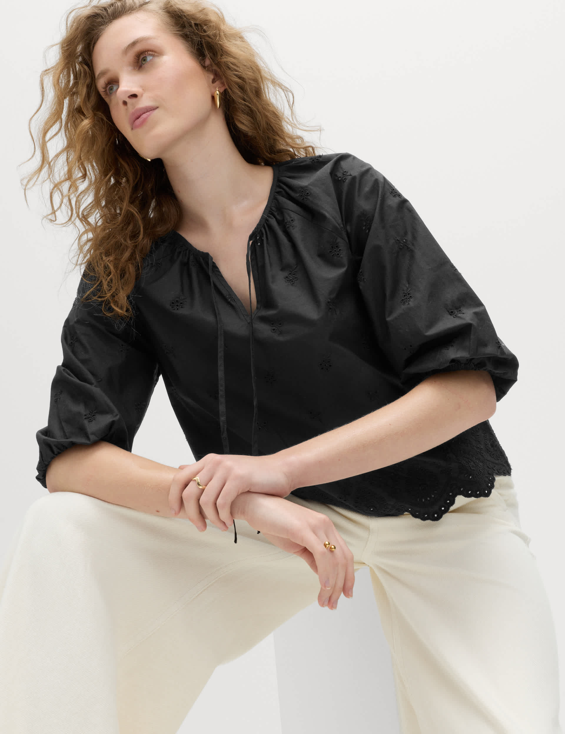 Pure Cotton Broderie Tie Neck Blouse