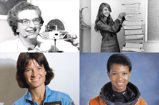 The real figures behind Lego’s “Women of NASA” minifigures (top left to bottom right): astron-omer Nancy Grace Roman, computer scientist Margaret Hamilton, and astronauts Sally Ride and Mae Jemison.