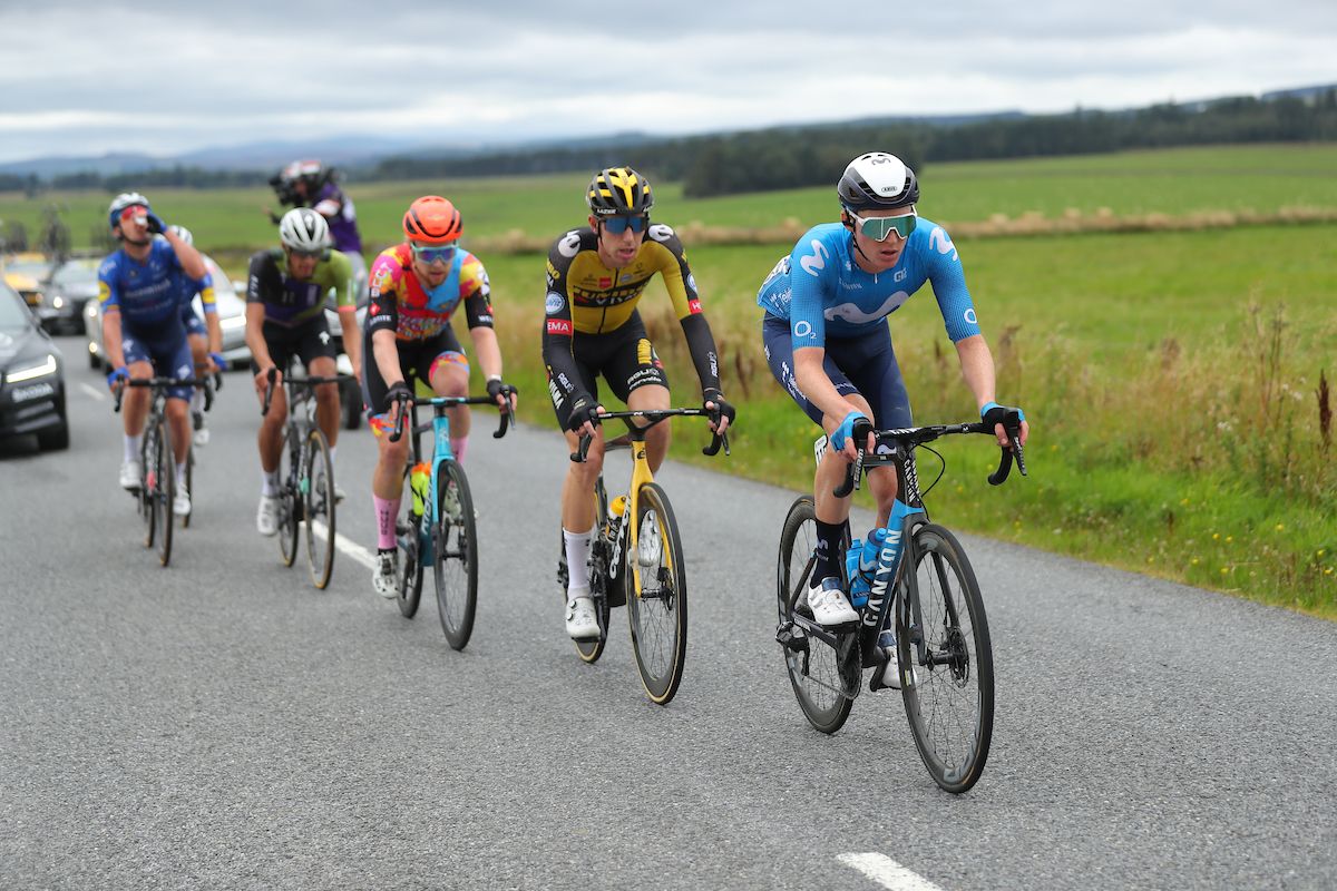 Picture by SWpixcom 11092021 Cycling AJ Bell Tour of Britain Stage 7 Hawick to Edinburgh Scotland Matteo Jorgenson of Movistar leads the breakaway