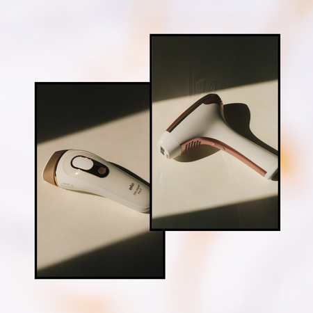 two photos in natural lighting of hair removal devices on a white background with strong contrast shadows with a light pink and purple frame