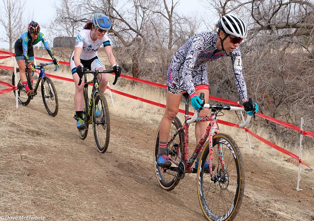 Emily Kachorek (Squid Squad) followed by Teal Stetson-Lee on a tricky descent