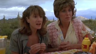 Holly Hunter looking nervous, Frances McDormand looking crazy in Raising Arizona