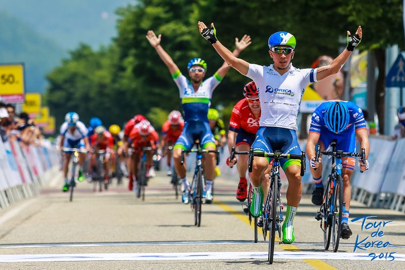 Caleb Ewan and Adam Blythe celebrate another win