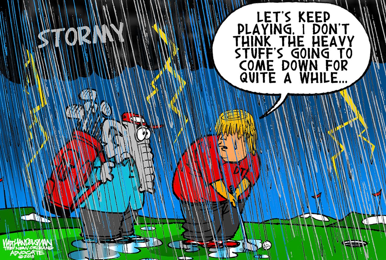 Political cartoon U.S. Trump Stormy Daniels affair allegations golf GOP