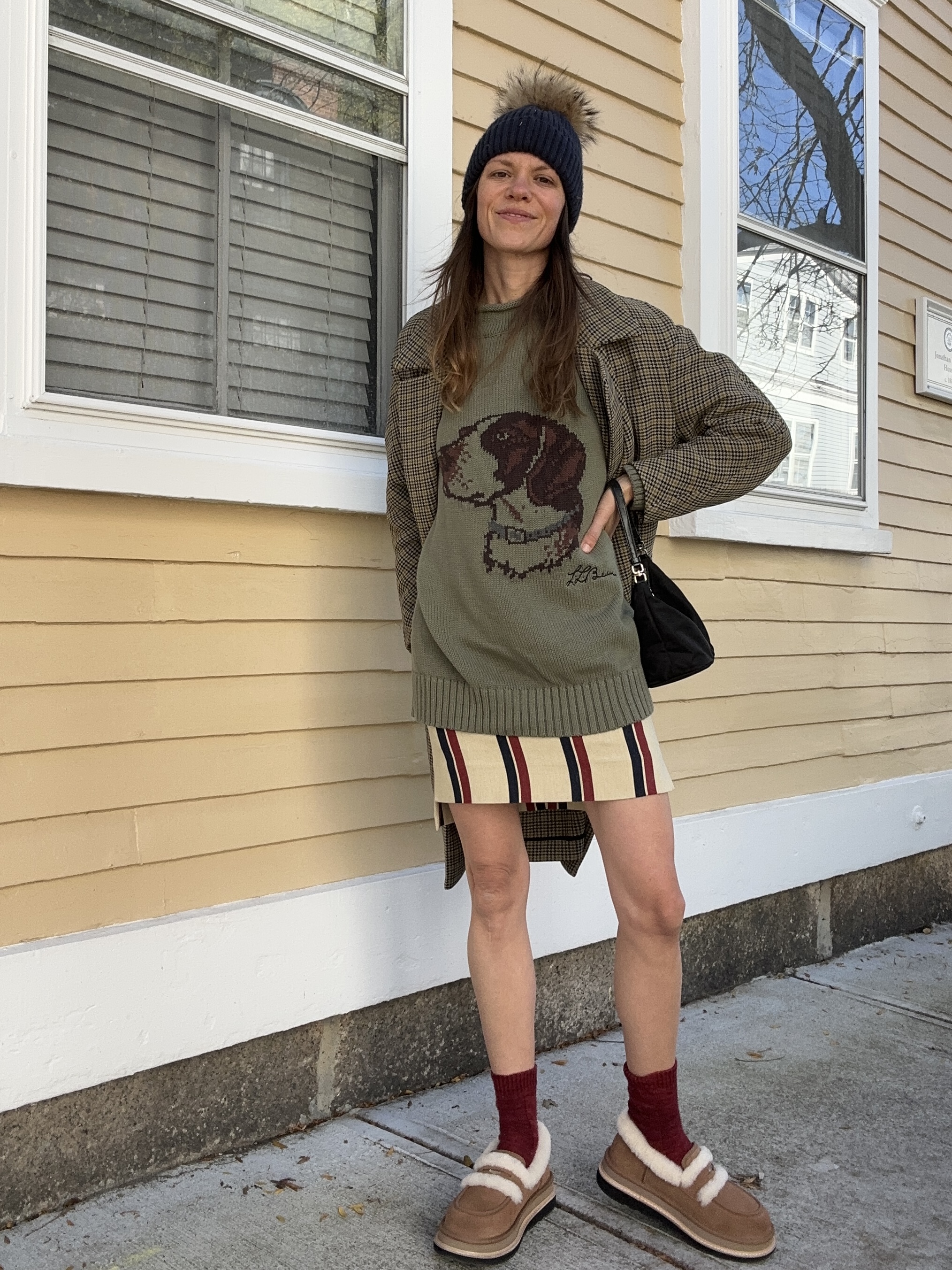 julia gall wearing an intarsia sweater outfit