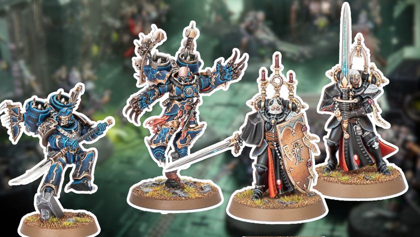 Armed miniatures from Warhammer Kill Team: Shadowhunt against a blurred, tomb-like background