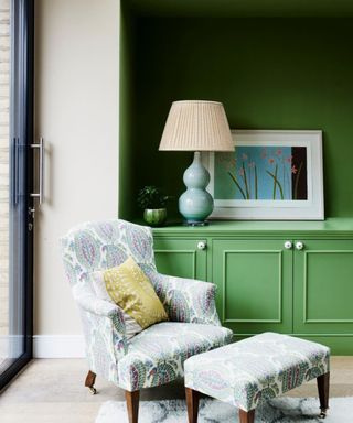 living room with alcove and green shelving and lamp