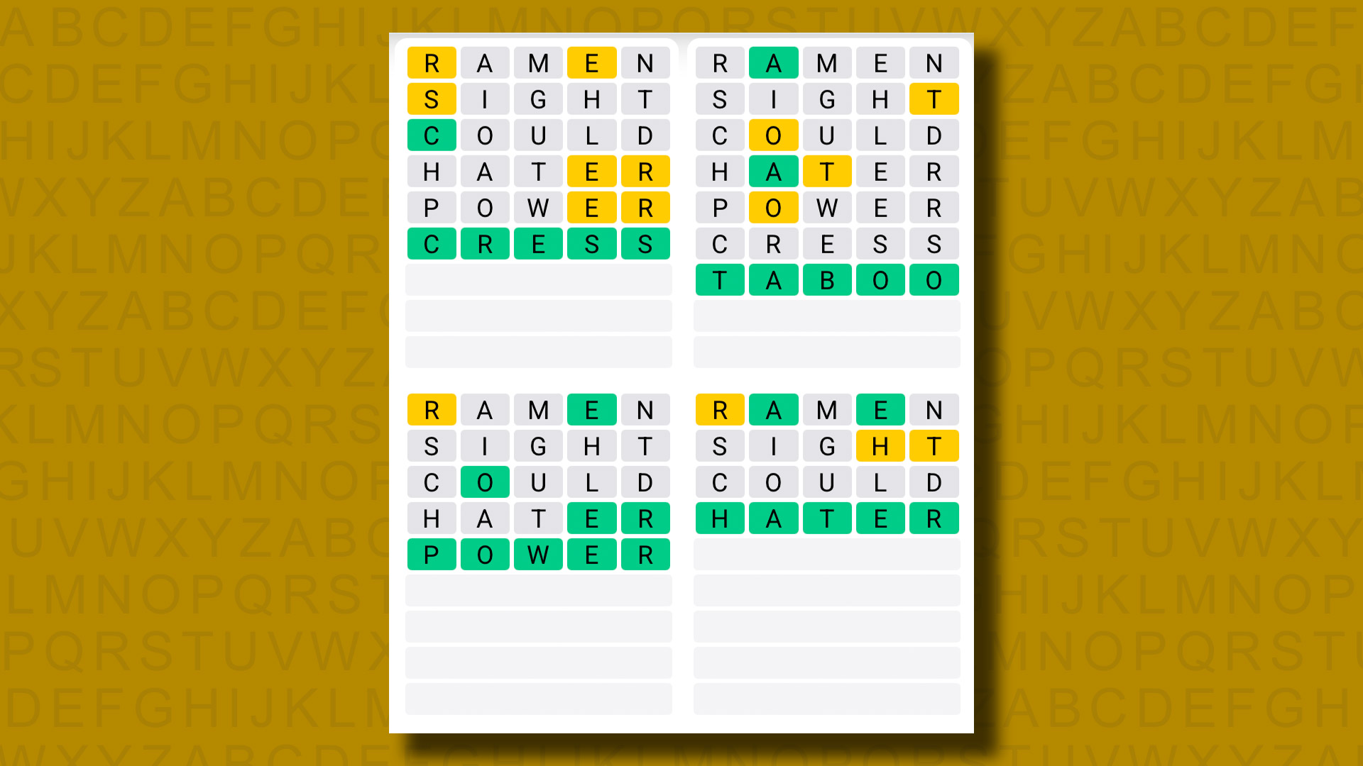 Quordle answers for game 1270 on a yellow background