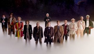 Doctor Who The First 12 Doctors lined up in the stars
