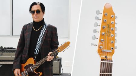 Troy Van Leeuwen poses with his signature Squier Paranormal Telecaster XII