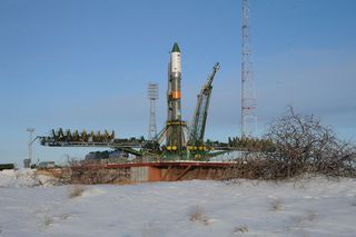An unmanned Soyuz rocket carrying the robotic Progress 54 resupply ship stands poised to launch to the International Space Station from Baikonur Cosmodrome, Kazakhstan. Liftoff is set for Feb. 5, 2014.