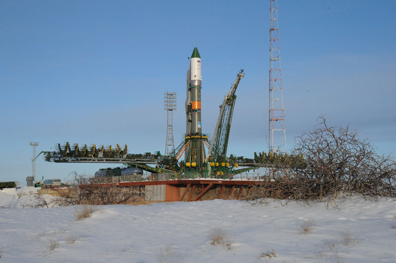 An unmanned Soyuz rocket carrying the robotic Progress 54 resupply ship stands poised to launch to the International Space Station from Baikonur Cosmodrome, Kazakhstan. Liftoff is set for Feb. 5, 2014.