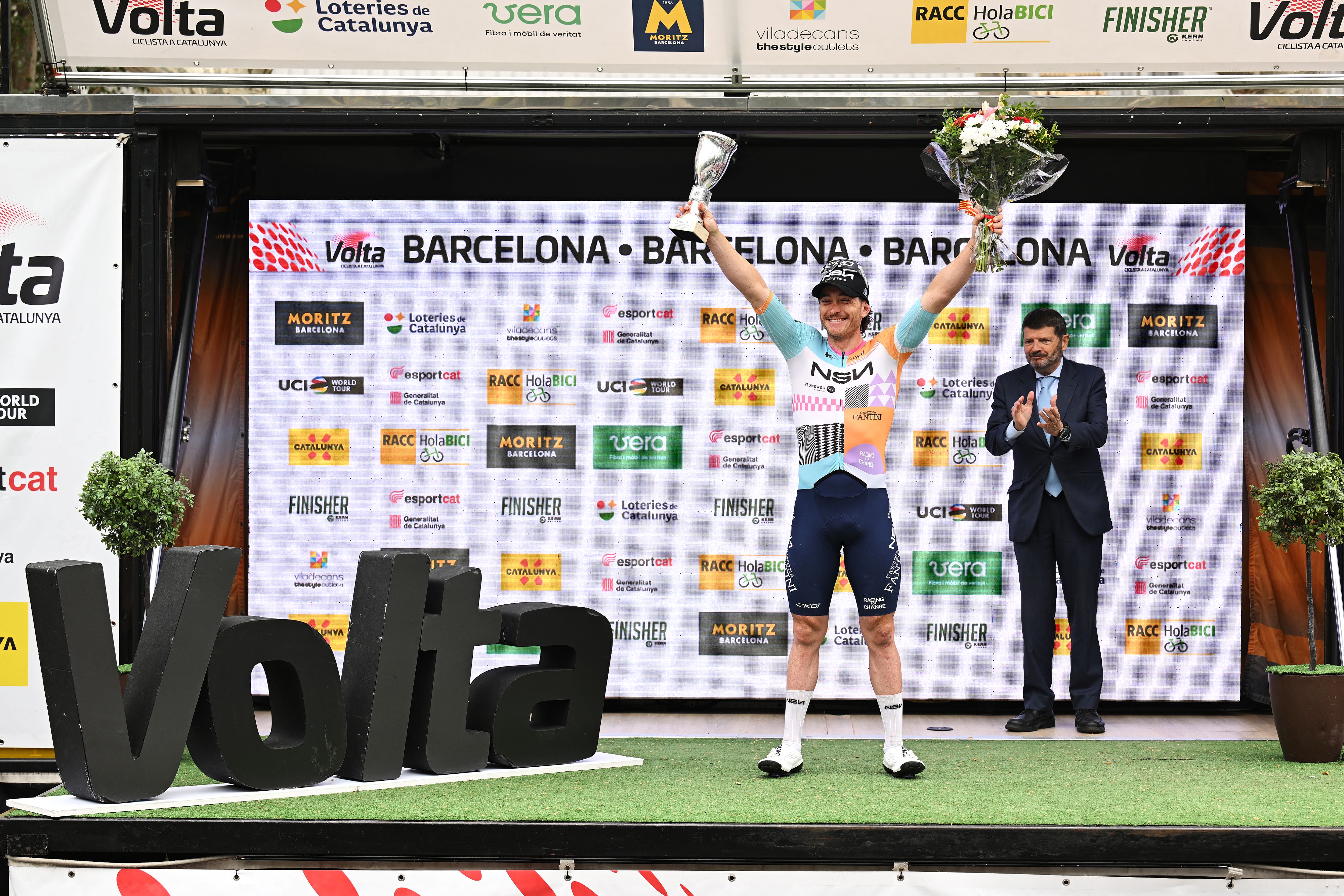BARCELONA, SPAIN - MARCH 29: Brady Gilmore of Australia and Team NSN Cycling celebrates at podium as stage winner during the 105th Volta a Catalunya 2026, Stage 7 a 95.1km stage from Barcelona to Barcelona / #UCIWT / on March 29, 2026 in Barcelona, Spain. (Photo by Szymon Gruchalski/Getty Images)