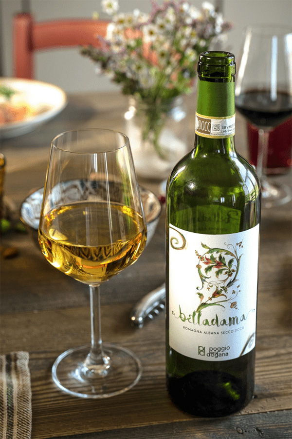 Bottle of Albana wine on table