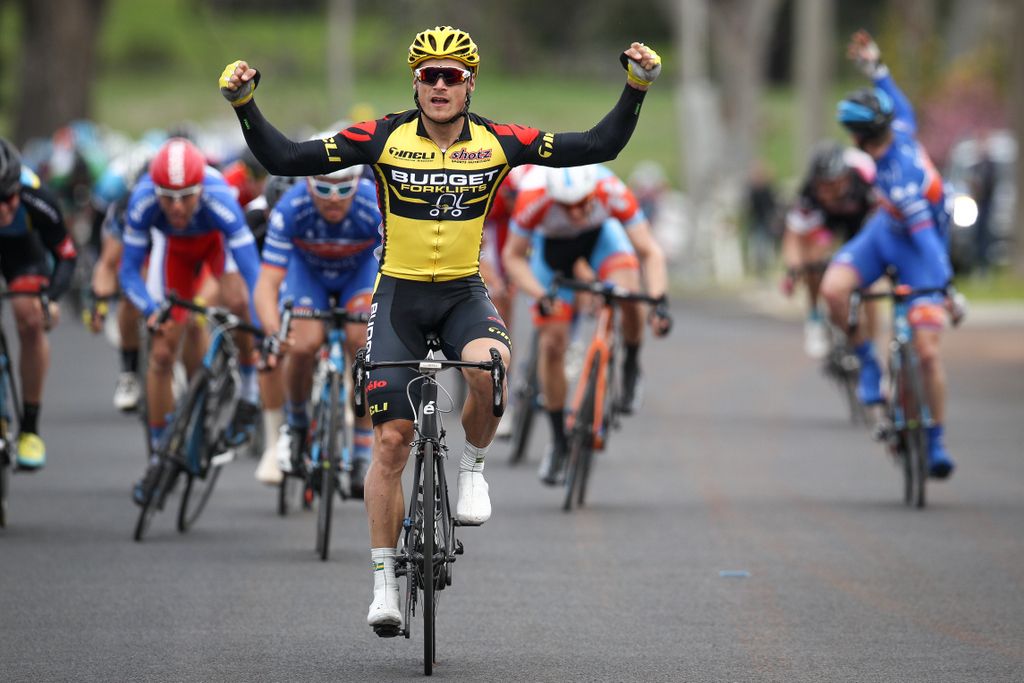 Scott Sunderland celebrating one of his four stage wins at the Tour of the Great South Coast