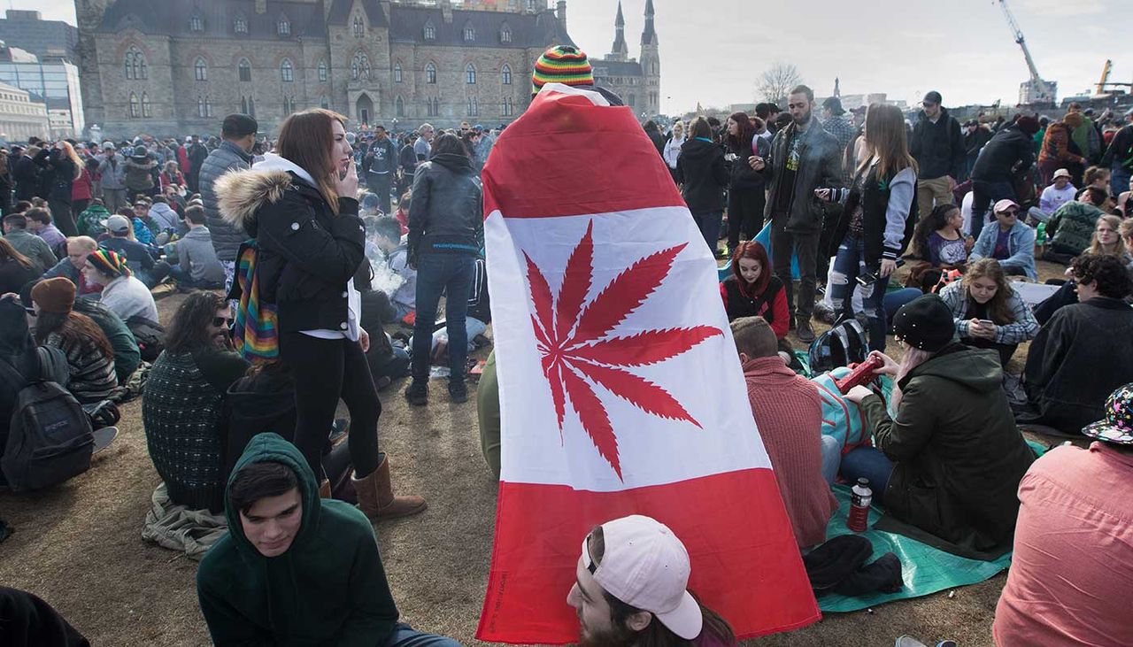 A pro-cannabis flag at a protest in Canada