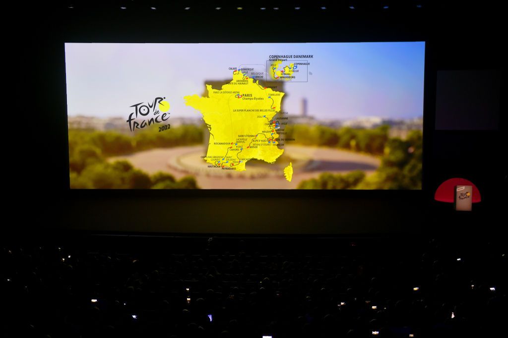 PARIS FRANCE OCTOBER 14 Detailed view of the map showing the route of the mens race during the 109th Tour de France 2022 And 1st Tour de France Femmes 2022 Route Presentation TDF2022 LeTour on October 14 2021 in Paris France Photo by Luc ClaessenGetty Images