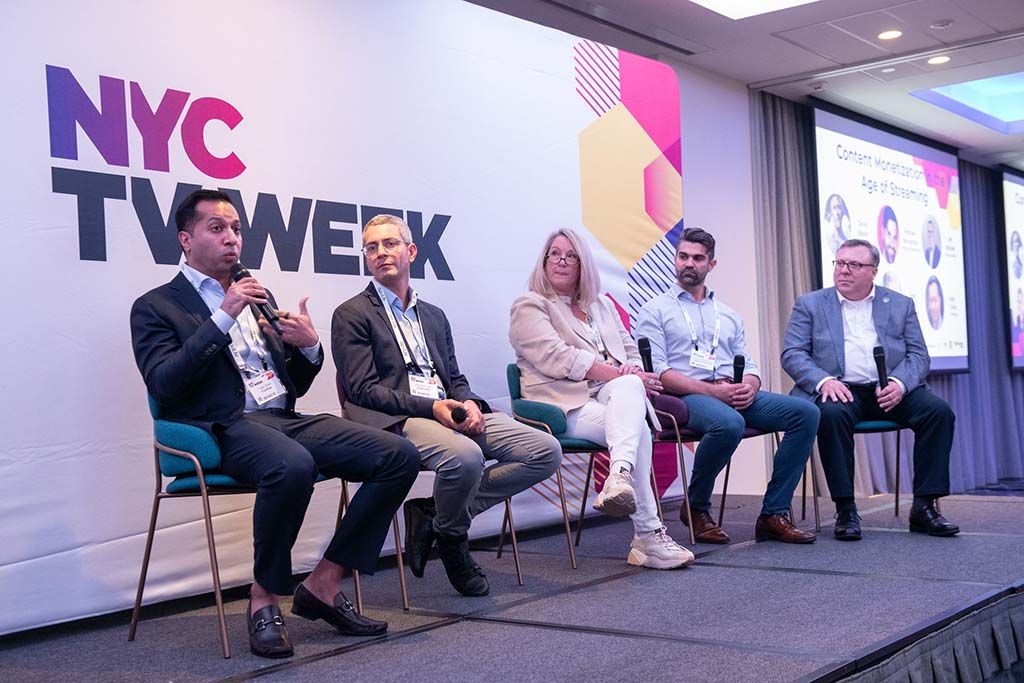 On the &ldquo;Content Monetization in the Age of Streaming&rdquo; panel (l. to r.): Tejas Shah, Filmrise; Jonathan Laor, Applicaster; Katy Loria, FreeWheel; and Michael Boccacino, TheSoul Publishing.