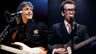 LEFT: Paul McCARTNEY, performing live onstage on World Tour, 1989. RIGHT: Elvis Costello; performing live onstage with The Attractions, 1978