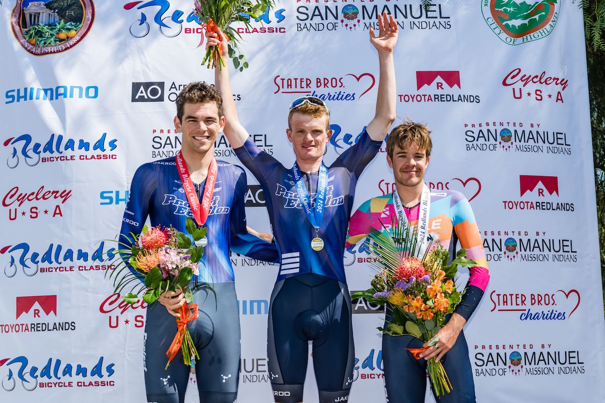 Stage 3 podium (l-r): second place Brendan Rhim (Project Echelon), winner Tyler Stites and third place Joe Laverick (Ribble Rebellion)
