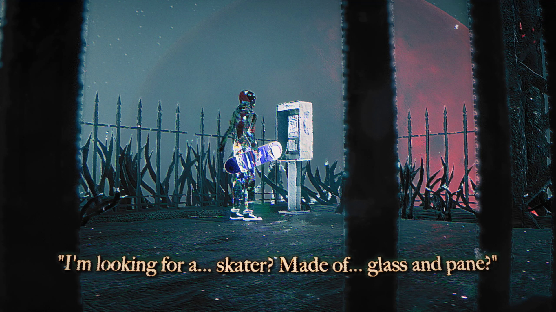 Skate Story's protagonist answers a phone in the underworld. The subtitles read: &amp;quot;I'm looking for a... skater? Made of... glass and pane?&amp;quot;