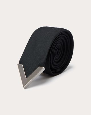 Valentino Garavani, Wool and Silk Valentie Tie With Metal V AppliquÉ