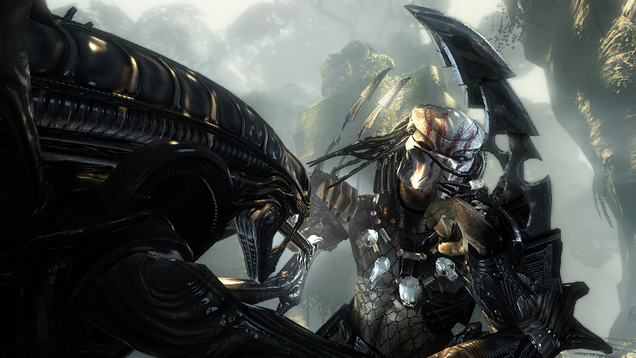 Screenshot from Aliens vs. Predator (2010) showing an Alien and a Predator locked in combat.