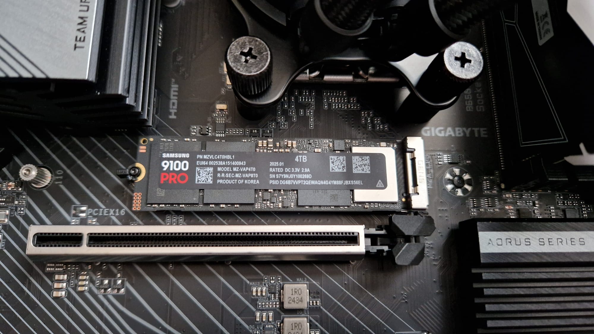 The Samsung 9100 Pro seated on a motherboard