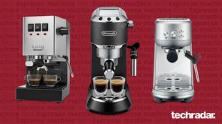 Beste espressomaskin: Espressomaskinene Gaggia Classic, Delonghi Dedica Style EC685 og Sage Bambino mot en rød bakgrunn.