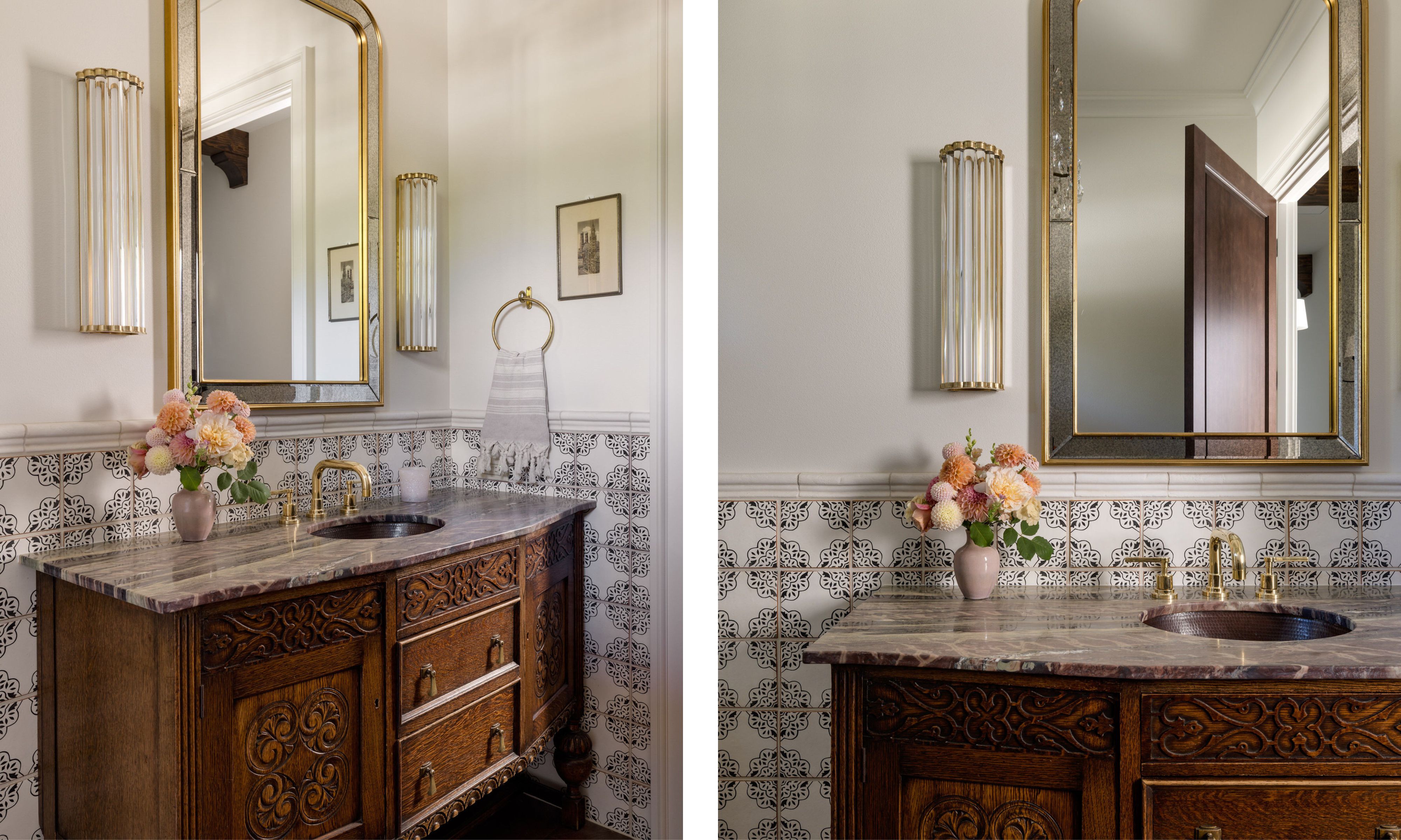 Two images of a powder room with white walls, detailed patterned wall tiles on the lower wall, a wooden antique vanity with a marble countertop and sink with brass taps, and a large antiqued mirror.