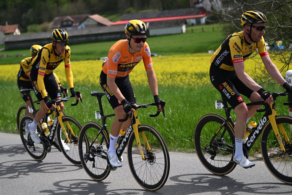 VALLE DE JOUX SWITZERLAND APRIL 26 Tobias Foss of Norway and Team JumboVisma Orange points jersey competes during the 76th Tour De Romandie 2023 Stage 1 a 1709km stage from Crissier to Valle de Joux 1019m UCIWT on April 26 2023 in Valle de Joux Switzerland Photo by Dario BelingheriGetty Images