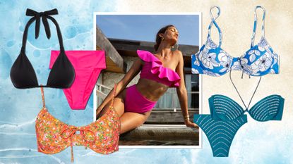 Collage of bikinis from aerie, follow suit, cleobella, and oseree with image of woman in bikini overlaid on beach image