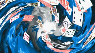Playing cards swirl in an interdimensional vortex in Balatro's trippy intro sequence.